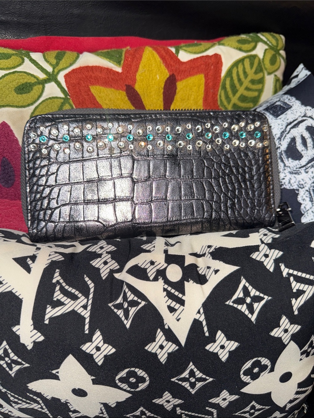 Black Croc-Embossed Zip Wallet with Stud Accents Raviani